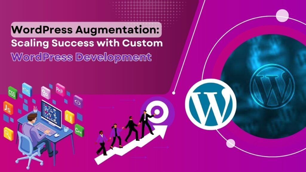 Graphic design showcasing WordPress Augmentation with the headline 'Scaling Success with Custom WordPress Development'. The image includes a person working on a computer with coding icons (CSS, HTML, PHP, JavaScript), business people climbing an arrow towards a target, and WordPress logos on a vibrant pink and purple background.
