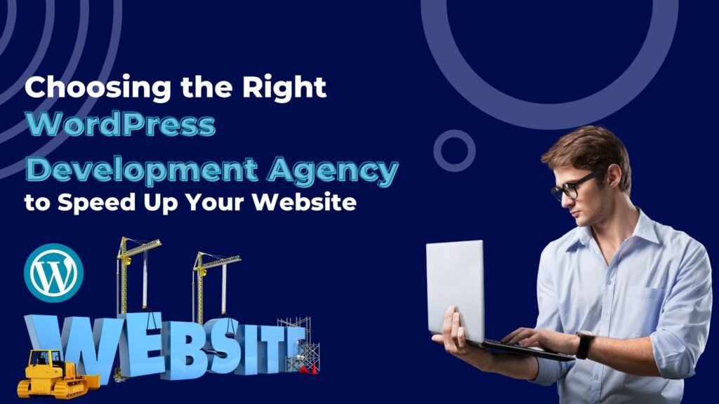 Professional using a laptop beside construction-themed graphics illustrating website building, promoting the services of a WordPress Development Agency to enhance website speed and performance.