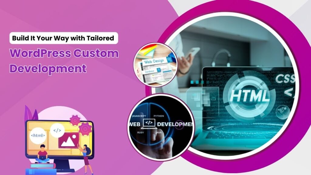 A promotional graphic for "WordPress Custom Development" featuring the headline "Build It Your Way with Tailored WordPress Custom Development." The image includes illustrations of coding and web development concepts such as HTML, CSS, and various programming languages.