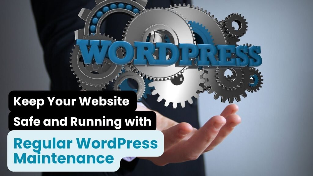 A business professional presenting the WordPress logo surrounded by mechanical gears, symbolizing the importance of regular WordPress maintenance to keep websites secure and running smoothly.