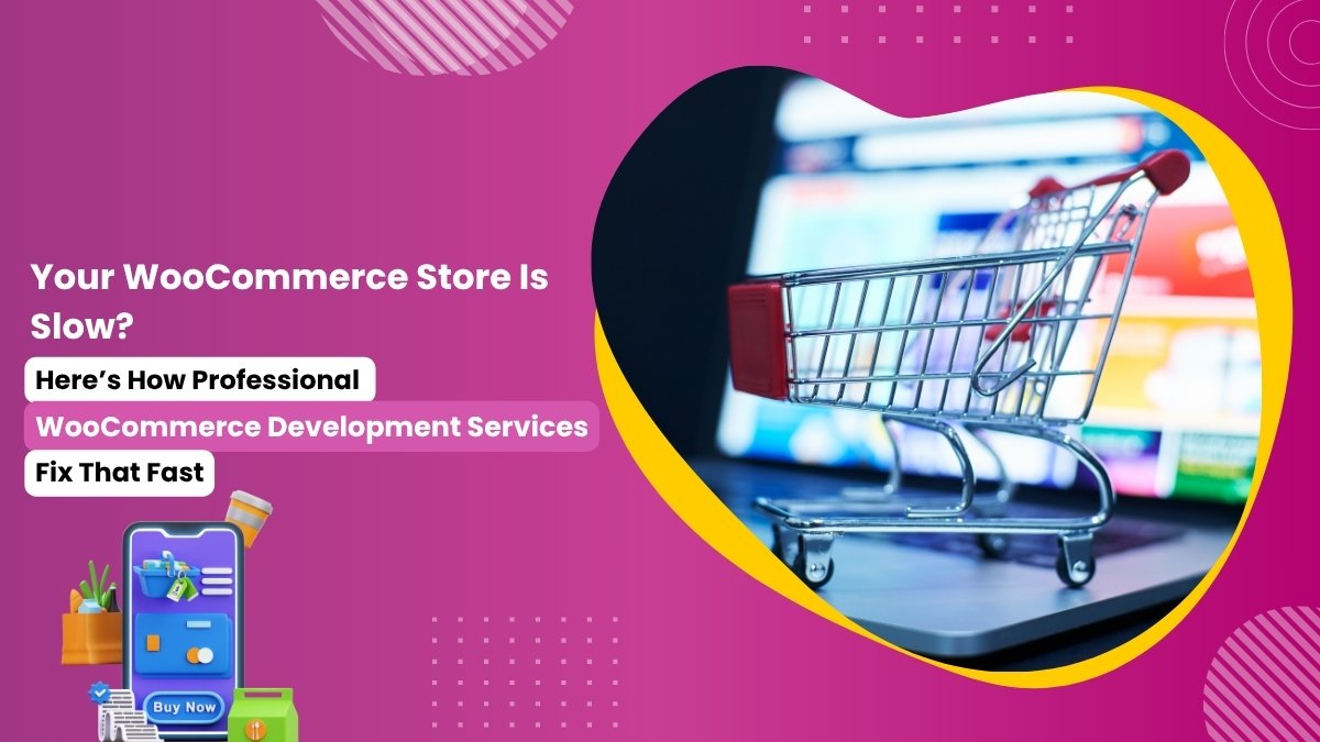 Slow WooCommerce store ad with a shopping cart on a laptop and text promoting professional development services.WooCommerce Development Service