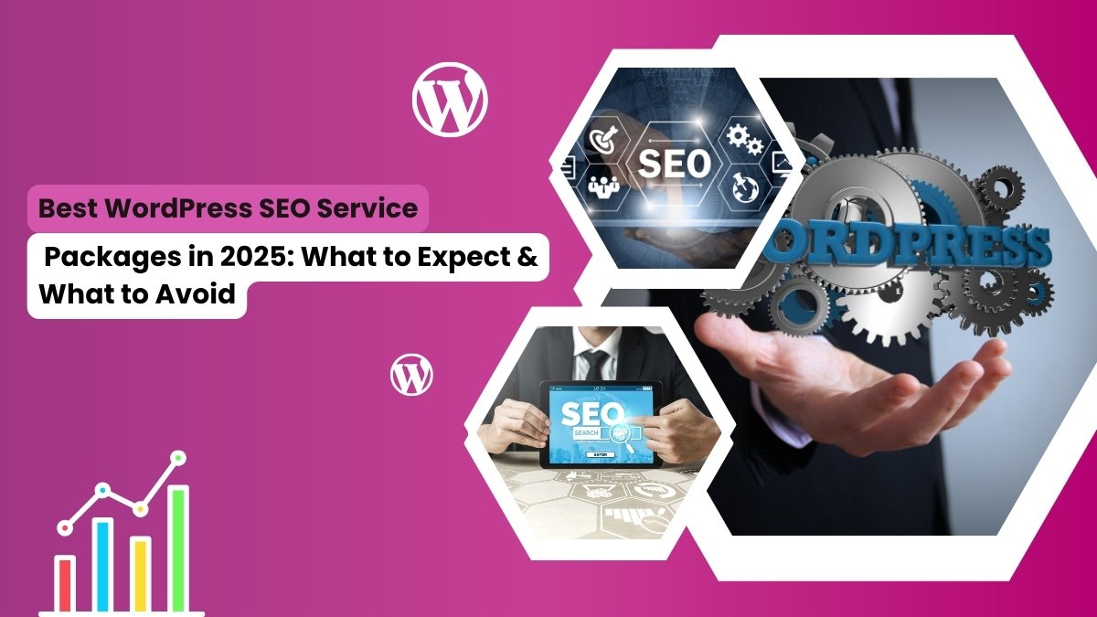 Visual banner with hexagonal images representing SEO and WordPress optimization. Text reads 'Best WordPress SEO Service Packages in 2025: What to Expect & What to Avoid' on a purple gradient background with WordPress logos and a colorful bar graph icon.