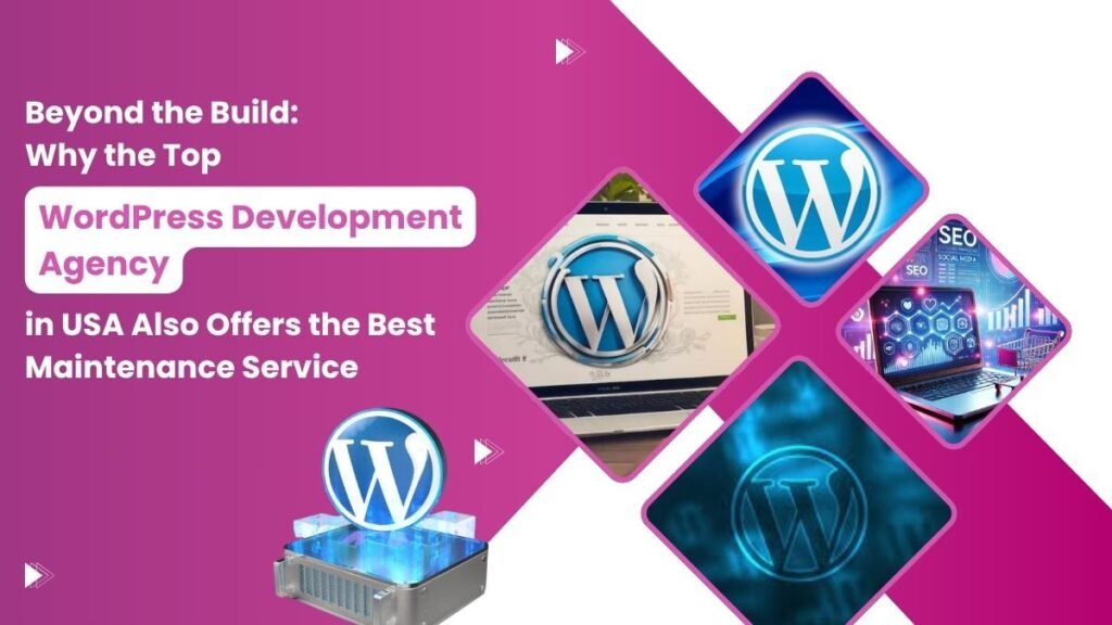 Promotional graphic with the title "Beyond the Build: Why the Top WordPress Development Agency in USA Also Offers the Best Maintenance Service", featuring multiple WordPress logos, a laptop screen, server, and SEO-themed visuals on a vibrant pink background.