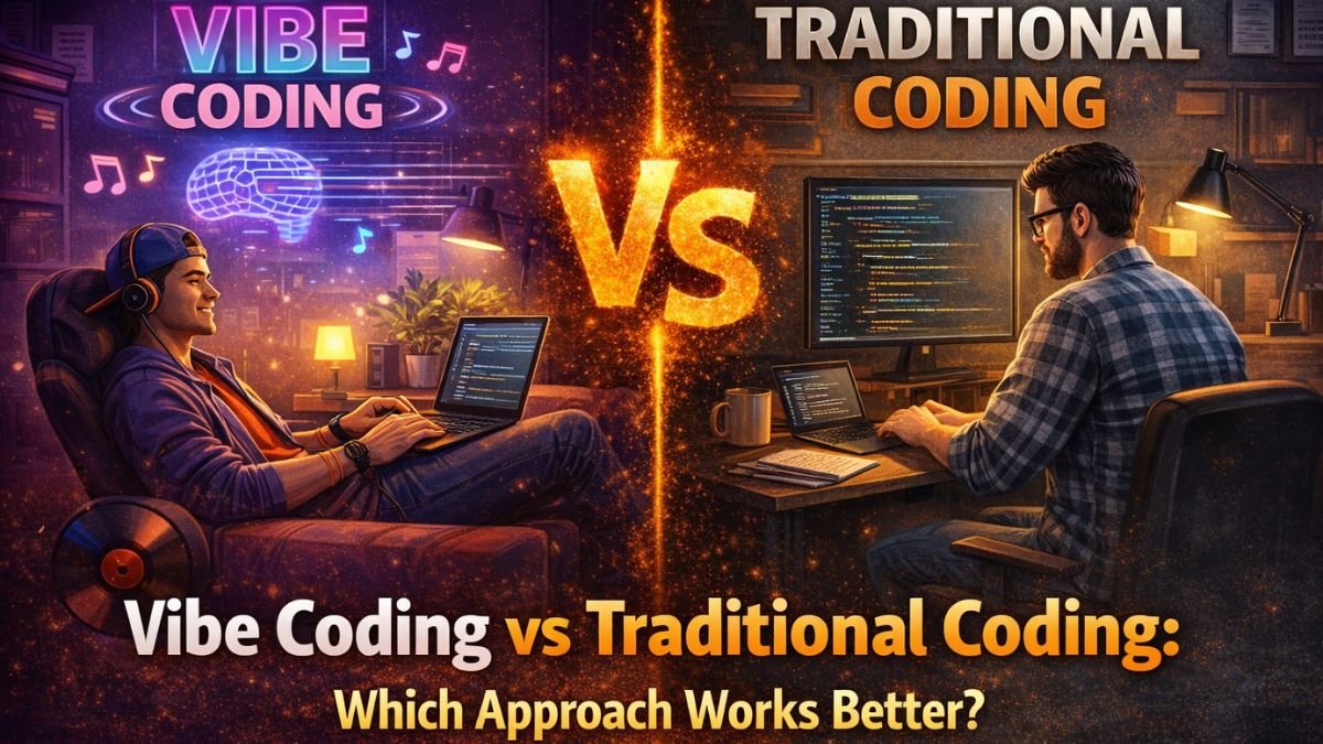 Illustration comparing Vibe Coding and Traditional Coding, showing a relaxed creative developer versus a structured professional programmer working at a desk.