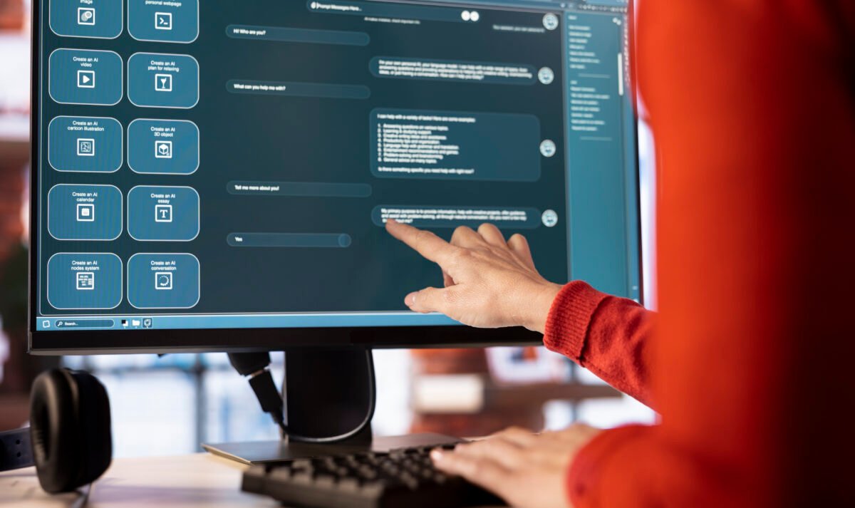 woman uses ai chatbot system computer guide her through tasks